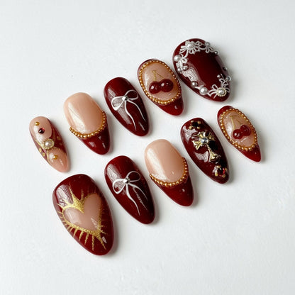 Cherry Red Press On Nails, Gold Heart Bow & Pearl Romantic Nail Art