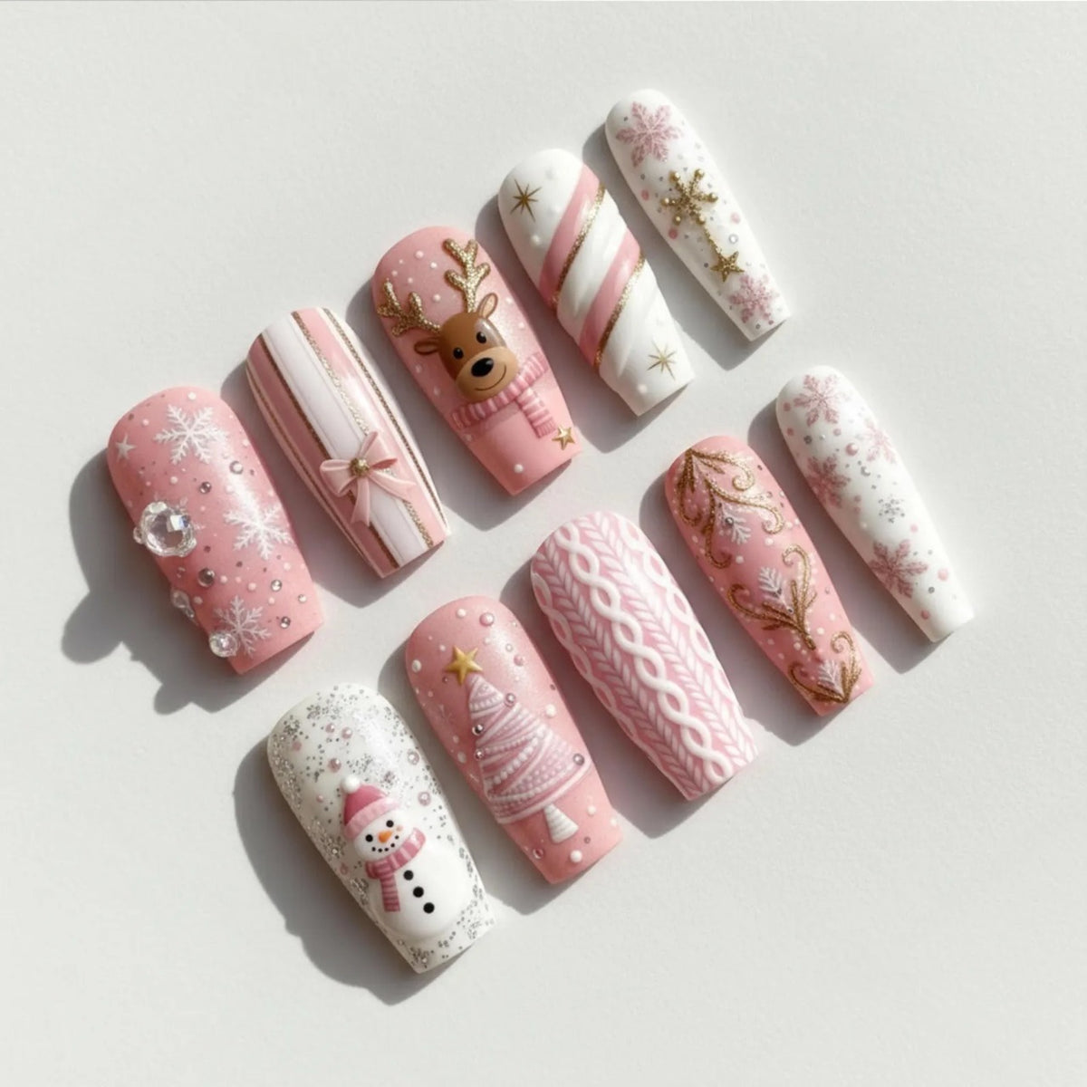Pink Christmas Press On Nails, Snowman Reindeer Snowflake & Sweater Nail Art