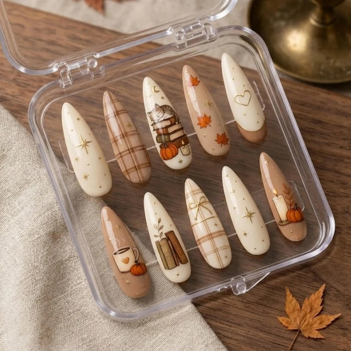 Autumn Press On Nails, Book Lover Cat Nails with Pumpkin, Coffee & Fall Leaves