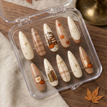 Autumn Press On Nails, Book Lover Cat Nails with Pumpkin, Coffee & Fall Leaves