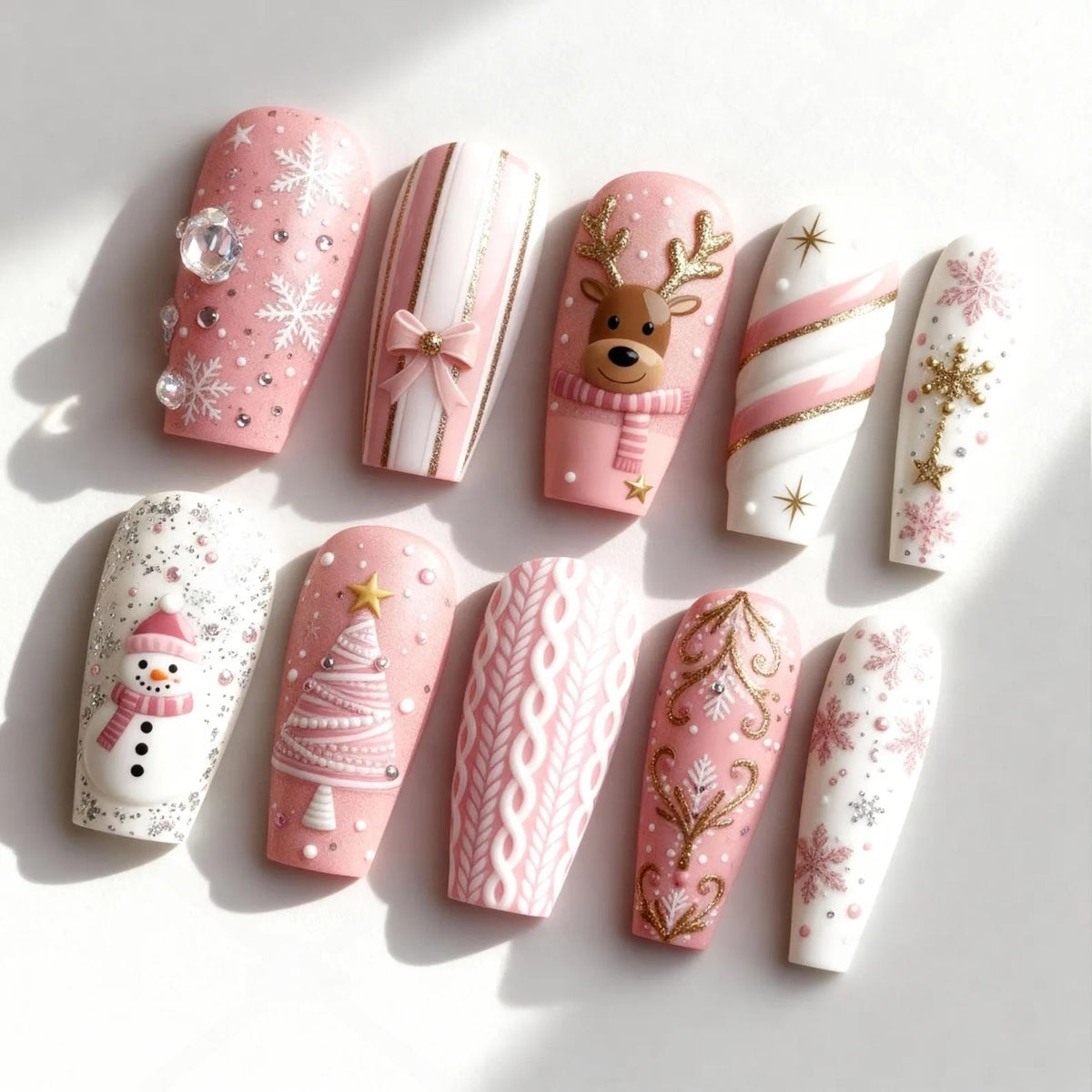 Pink Christmas Press On Nails, Snowman Reindeer Snowflake & Sweater Nail Art