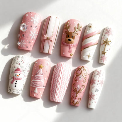 Pink Christmas Press On Nails, Snowman Reindeer Snowflake & Sweater Nail Art