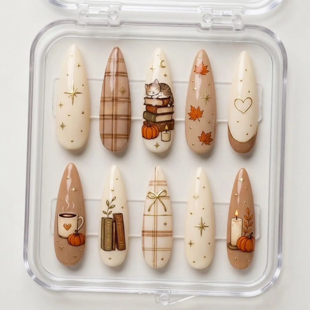 Autumn Press On Nails, Book Lover Cat Nails with Pumpkin, Coffee & Fall Leaves