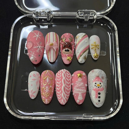 Pink Christmas Press On Nails, Snowman Reindeer Snowflake & Sweater Nail Art