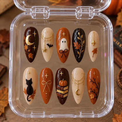 Halloween Press On Nails, Autumn Ghost Cat Nails with Moon, Pumpkin & Fall Leaves