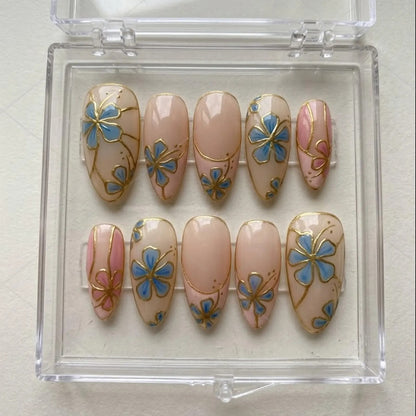 Blue Floral Press On Nails, Nude Almond Nails with Gold & Pink Flower Art