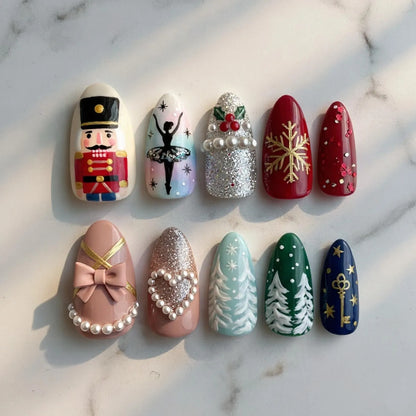 Nutcracker Christmas Press On Nails, Ballet Snowflake Winter Almond Nail Art