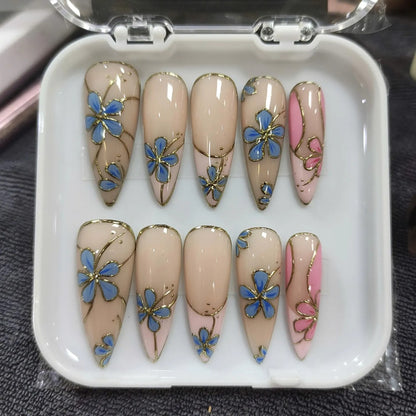 Blue Floral Press On Nails, Nude Almond Nails with Gold & Pink Flower Art