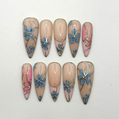 Blue Floral Press On Nails, Nude Almond Nails with Gold & Pink Flower Art