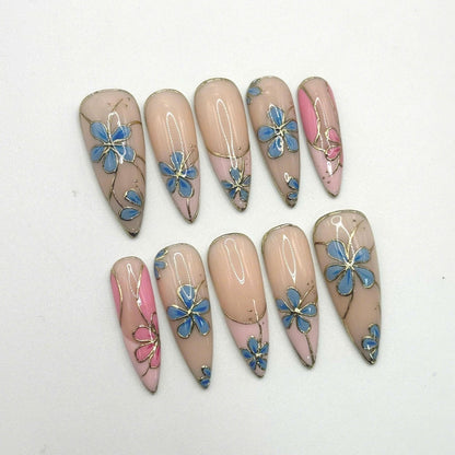 Blue Floral Press On Nails, Nude Almond Nails with Gold & Pink Flower Art