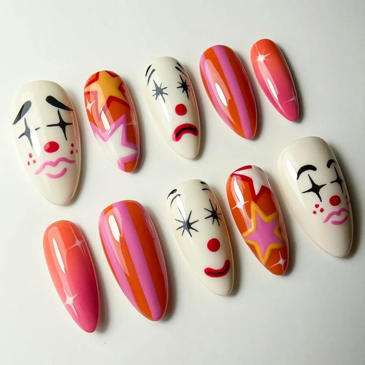Colorful Clown Press On Nails, Pink Orange Circus Star & Face Nail Art
