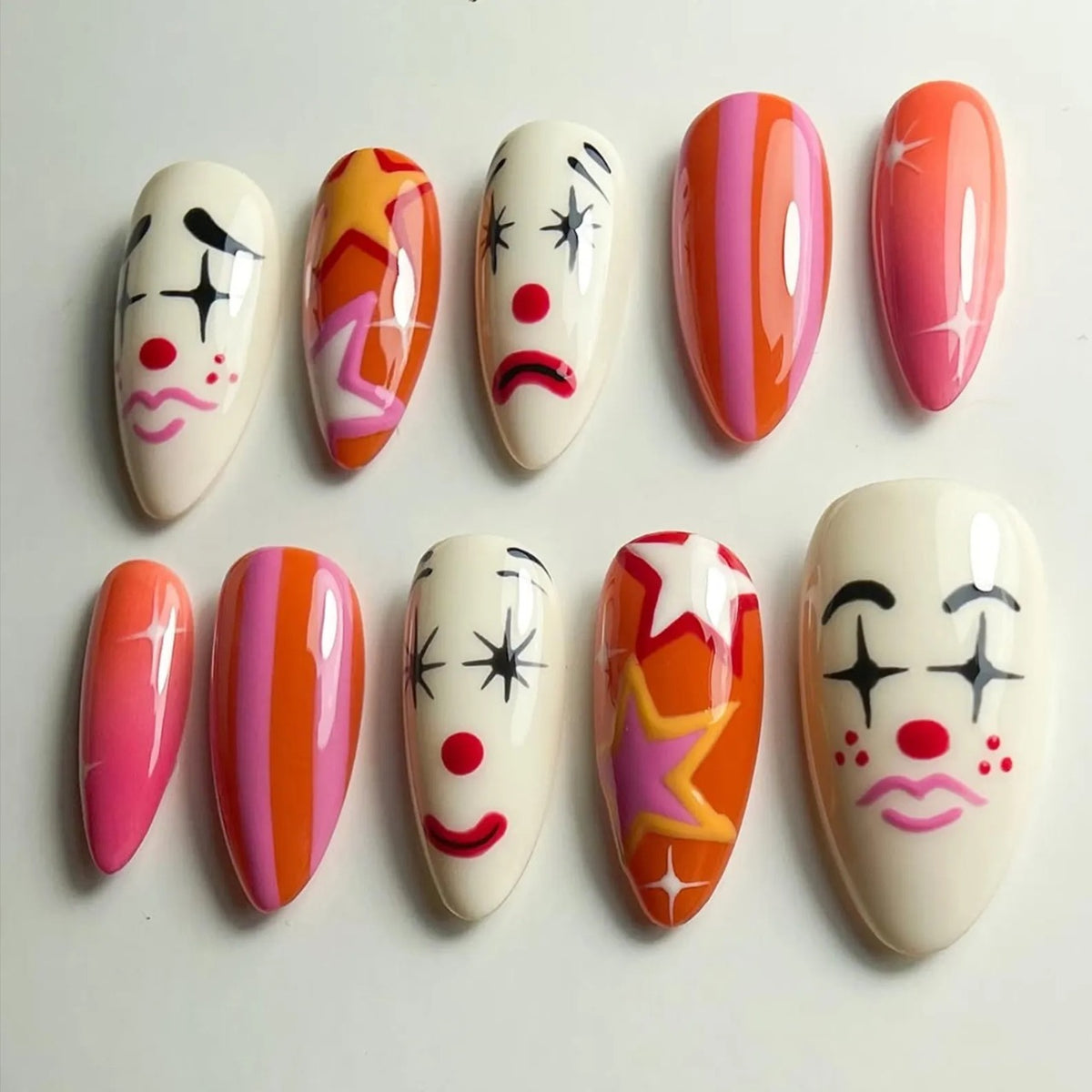 Colorful Clown Press On Nails, Pink Orange Circus Star & Face Nail Art