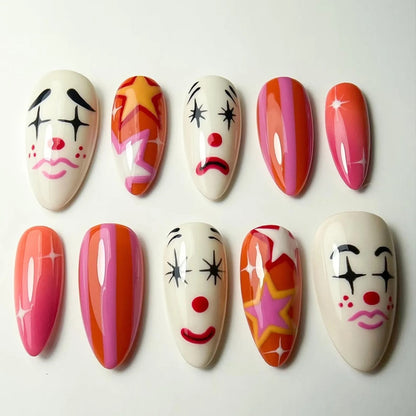 Colorful Clown Press On Nails, Pink Orange Circus Star & Face Nail Art