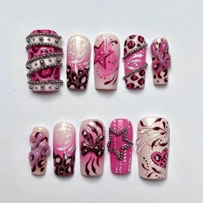 Y2K Pink Press On Nails, Leopard Print 3D Bow Star & Silver Bead Nail Art