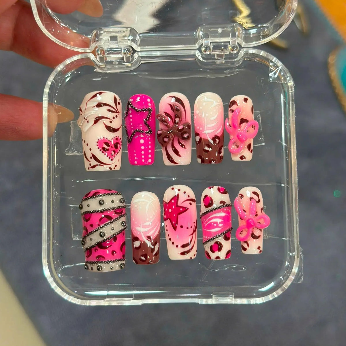 Y2K Pink Press On Nails, Leopard Print 3D Bow Star & Silver Bead Nail Art