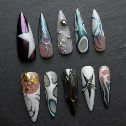 Chrome Press On Nails, Silver Blue Abstract Swirl Nails with 3D Metal Charms