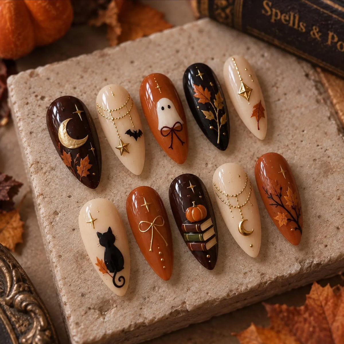 Halloween Press On Nails, Autumn Ghost Cat Nails with Moon, Pumpkin & Fall Leaves