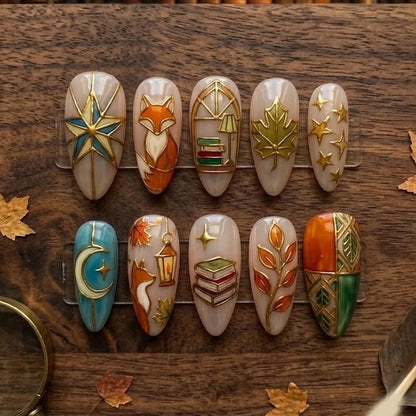 Mystic Fox Press On Nails, Autumn Book Lover Nails with Moon, Leaves & Stars