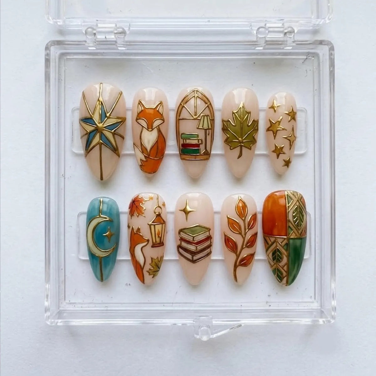 Mystic Fox Press On Nails, Autumn Book Lover Nails with Moon, Leaves & Stars