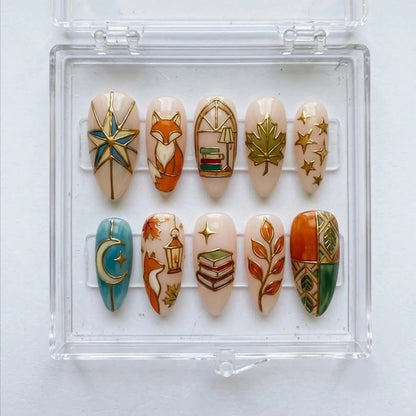 Mystic Fox Press On Nails, Autumn Book Lover Nails with Moon, Leaves & Stars