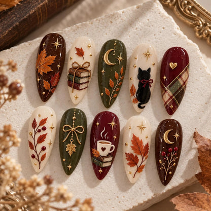 Autumn Press On Nails, Fall Leaves Cat & Book Nails with Coffee, Moon and Gold Charms