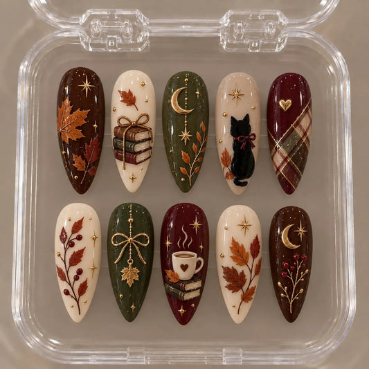 Autumn Press On Nails, Fall Leaves Cat & Book Nails with Coffee, Moon and Gold Charms