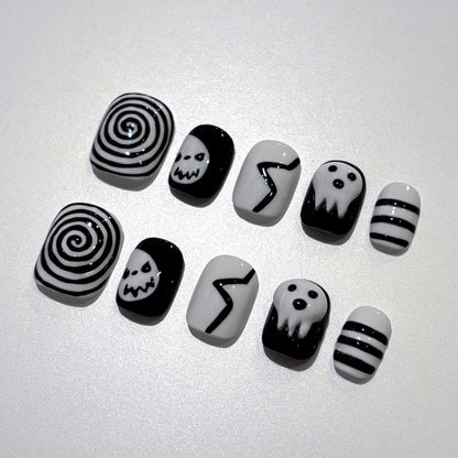 Halloween Press On Nails, Black White Ghost Skull & Swirl Gothic Nail Art