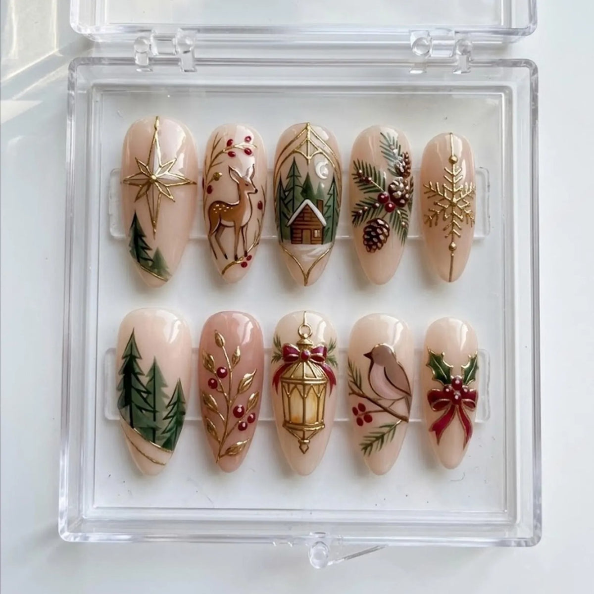Christmas Press On Nails, Woodland Deer Pine Tree Snowflake & Red Bow Nail Art