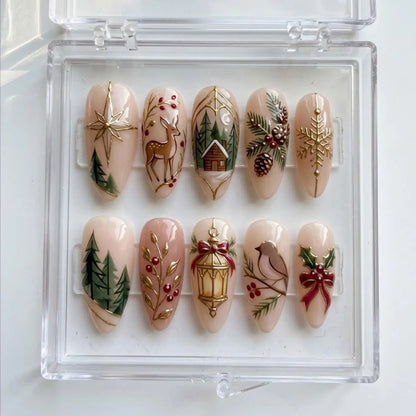 Christmas Press On Nails, Woodland Deer Pine Tree Snowflake & Red Bow Nail Art