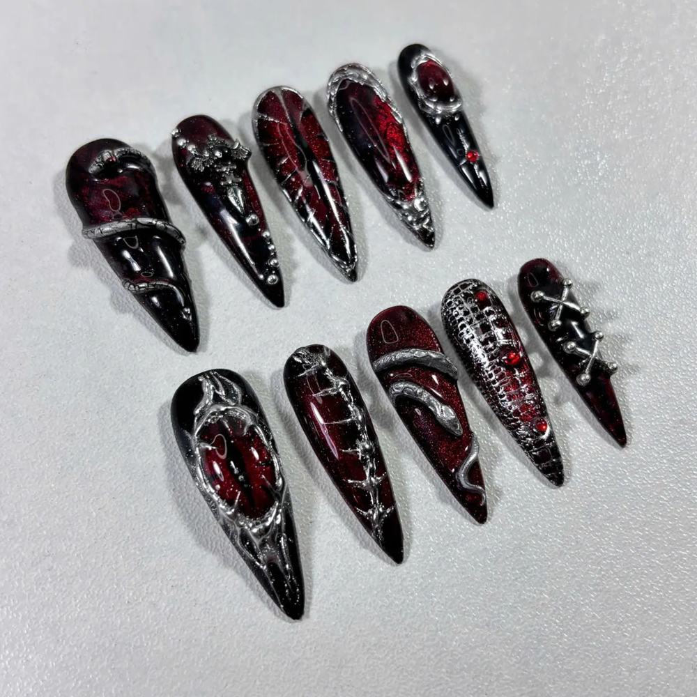 Gothic Press On Nails, Black Red Stiletto Nails with 3D Cross Chains & Vampire Nail Art