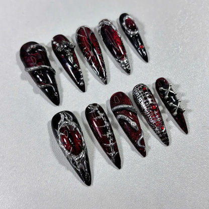 Gothic Press On Nails, Black Red Stiletto Nails with 3D Cross Chains & Vampire Nail Art