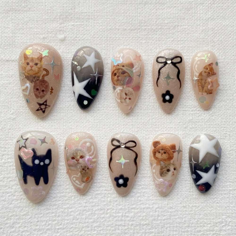 Kawaii Cat Press On Nails, Coquette Kitten Stars Bows & 3D Flower Nail Art