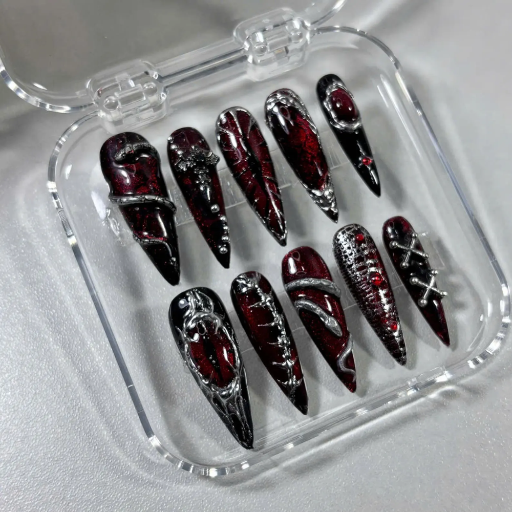 Gothic Press On Nails, Black Red Stiletto Nails with 3D Cross Chains & Vampire Nail Art