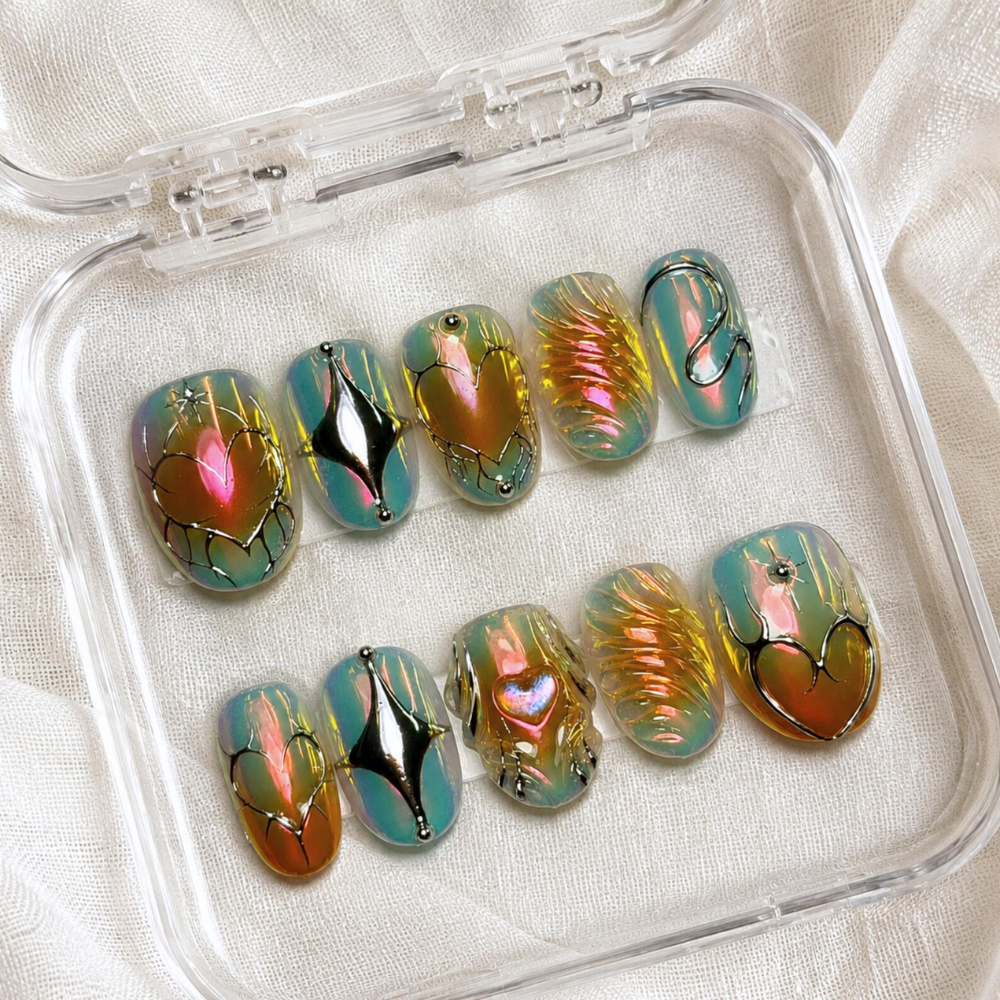 Aurora Chrome Heart Press On Nails, Iridescent Fairycore 3D Nail Art