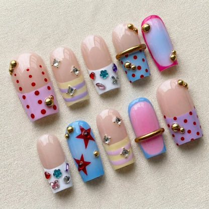 Y2K Press On Nails, Pastel Polka Dot Star Rhinestone & Gold 3D Nail Art