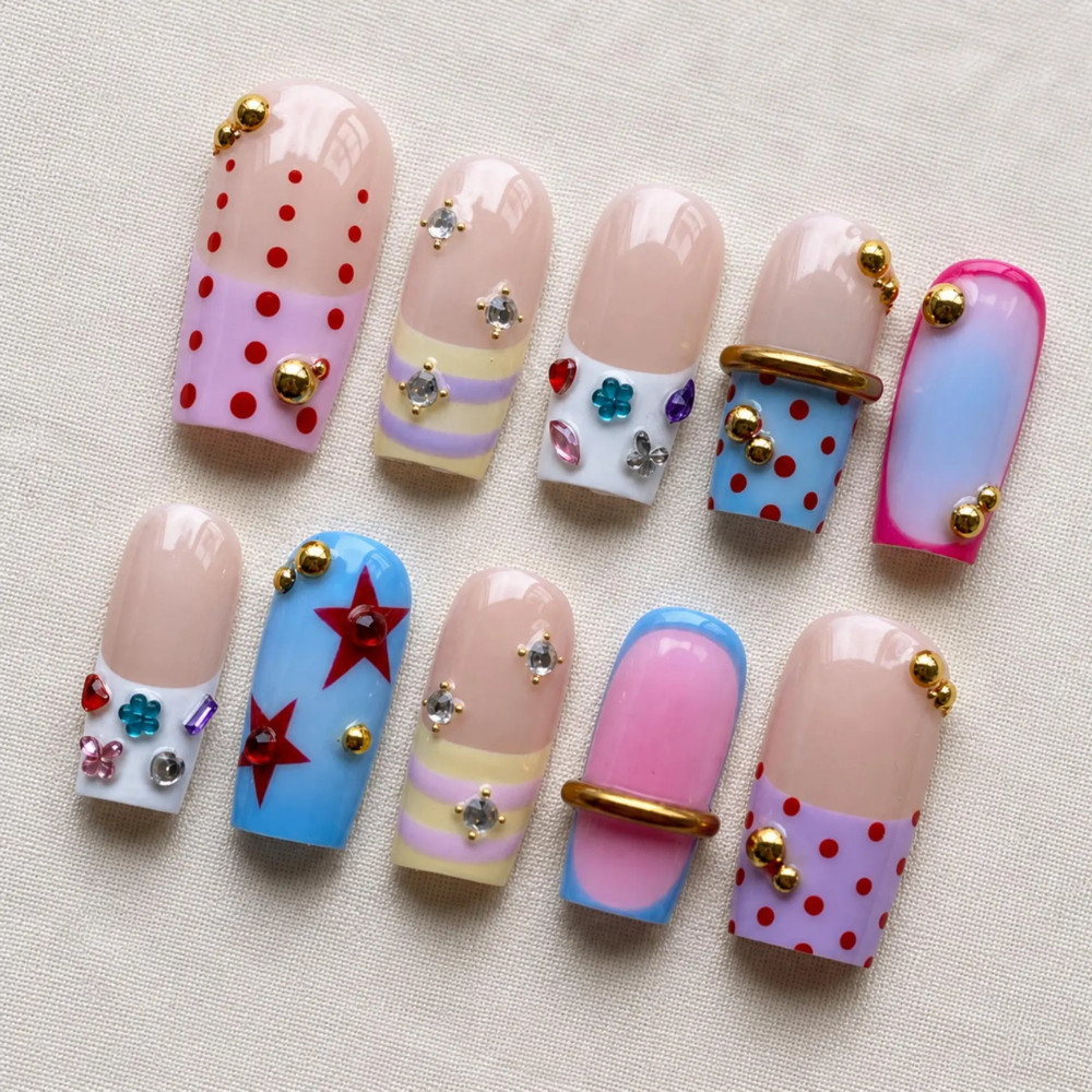 Y2K Press On Nails, Pastel Polka Dot Star Rhinestone & Gold 3D Nail Art