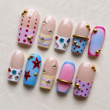 Y2K Press On Nails, Pastel Polka Dot Star Rhinestone & Gold 3D Nail Art