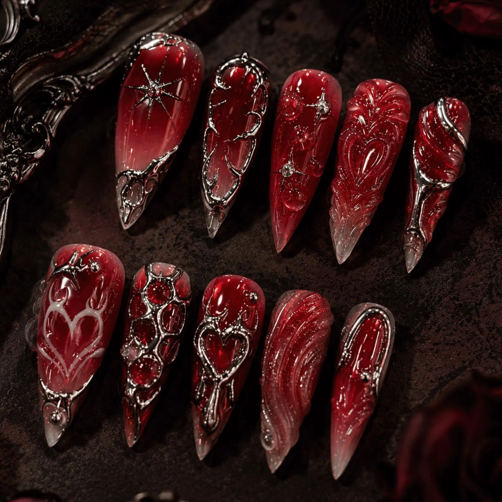 Dark Red Gothic Press On Nails, Vampire Chrome Heart Stiletto Nails
