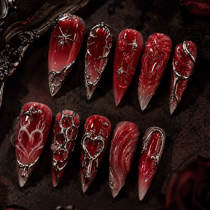 Dark Red Gothic Press On Nails, Vampire Chrome Heart Stiletto Nails