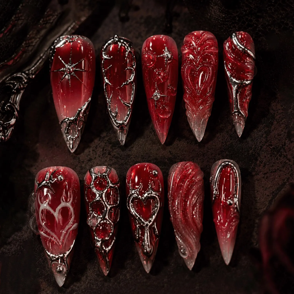Dark Red Gothic Press On Nails, Vampire Chrome Heart Stiletto Nails