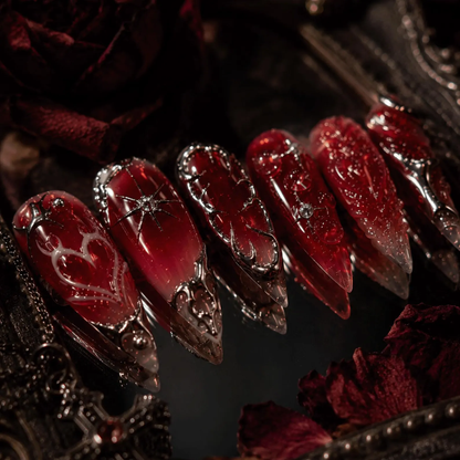 Dark Red Gothic Press On Nails, Vampire Chrome Heart Stiletto Nails