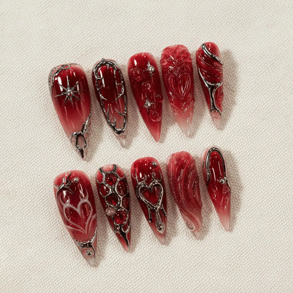 Dark Red Gothic Press On Nails, Vampire Chrome Heart Stiletto Nails