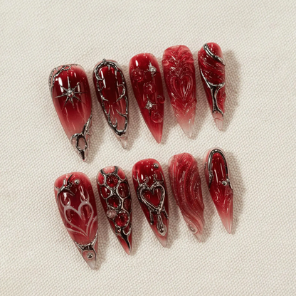 Dark Red Gothic Press On Nails, Vampire Chrome Heart Stiletto Nails