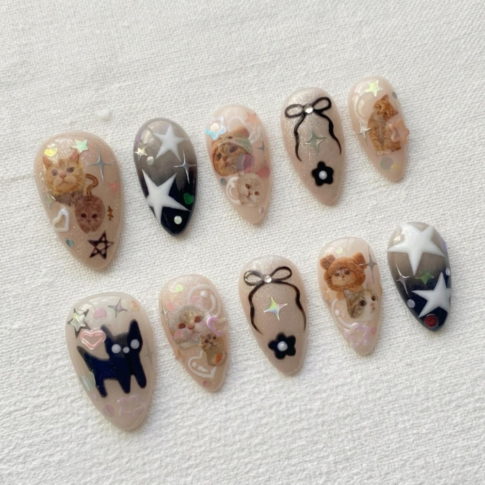Kawaii Cat Press On Nails, Coquette Kitten Stars Bows & 3D Flower Nail Art