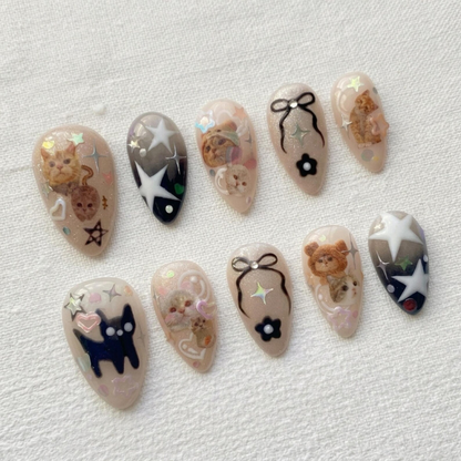 Kawaii Cat Press On Nails, Coquette Kitten Stars Bows & 3D Flower Nail Art