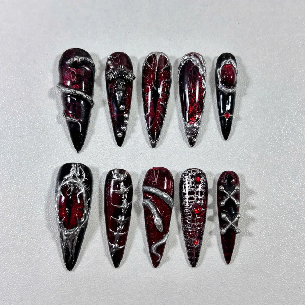Gothic Press On Nails, Black Red Stiletto Nails with 3D Cross Chains & Vampire Nail Art