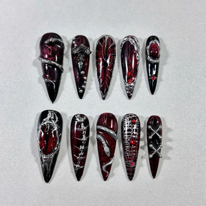 Gothic Press On Nails, Black Red Stiletto Nails with 3D Cross Chains & Vampire Nail Art