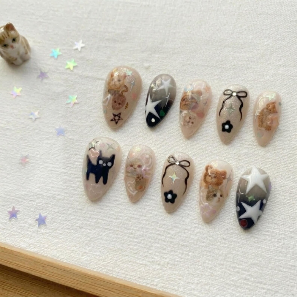 Kawaii Cat Press On Nails, Coquette Kitten Stars Bows & 3D Flower Nail Art