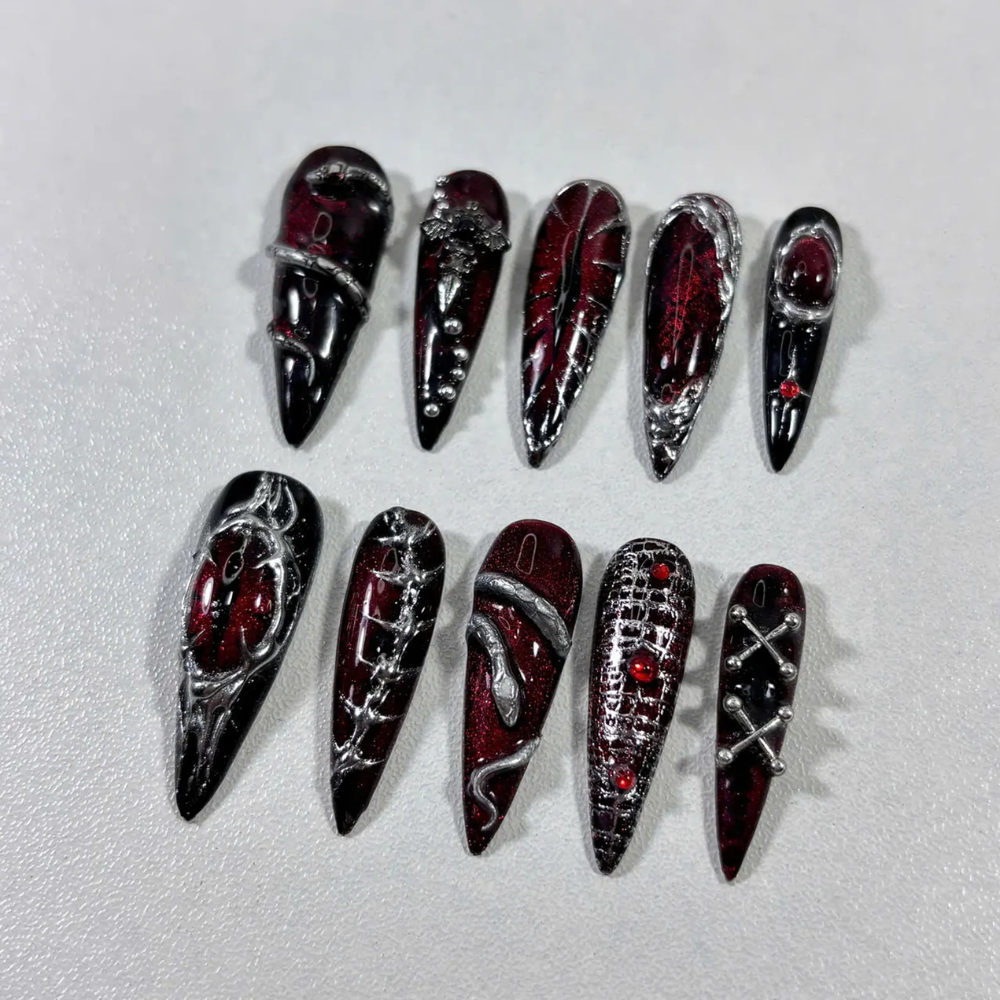 Gothic Press On Nails, Black Red Stiletto Nails with 3D Cross Chains & Vampire Nail Art