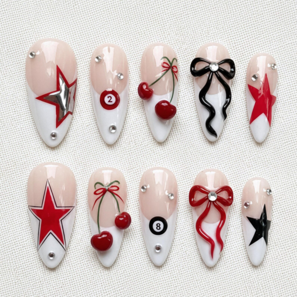 Y2K Press On Nails, Red Star Cherry 3D Bow & Rhinestone Nail Art